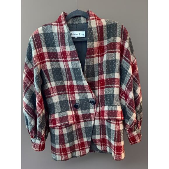 Christian Dior Vintage Women’s Blazer Red Gray Plaid Sz M Corpcore - Picture 1 of 11
